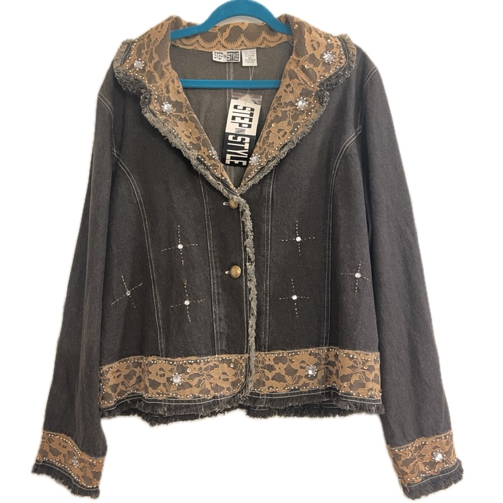 NWT! Vintage 90s Step In Style Black Denim, Lace, Rhinestone, Fringed Jacket 2XL